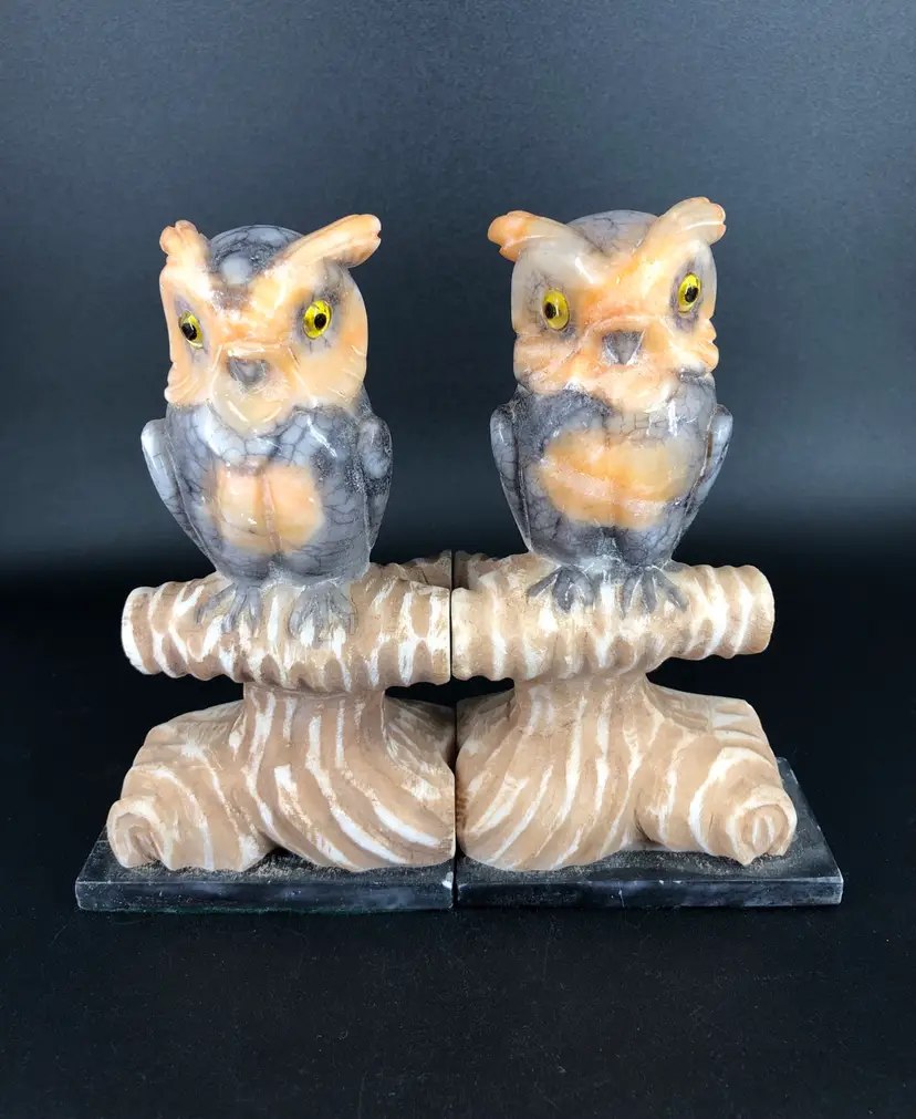 MCM Art Deco Pair of Genuine Alabaster Owl Bookends