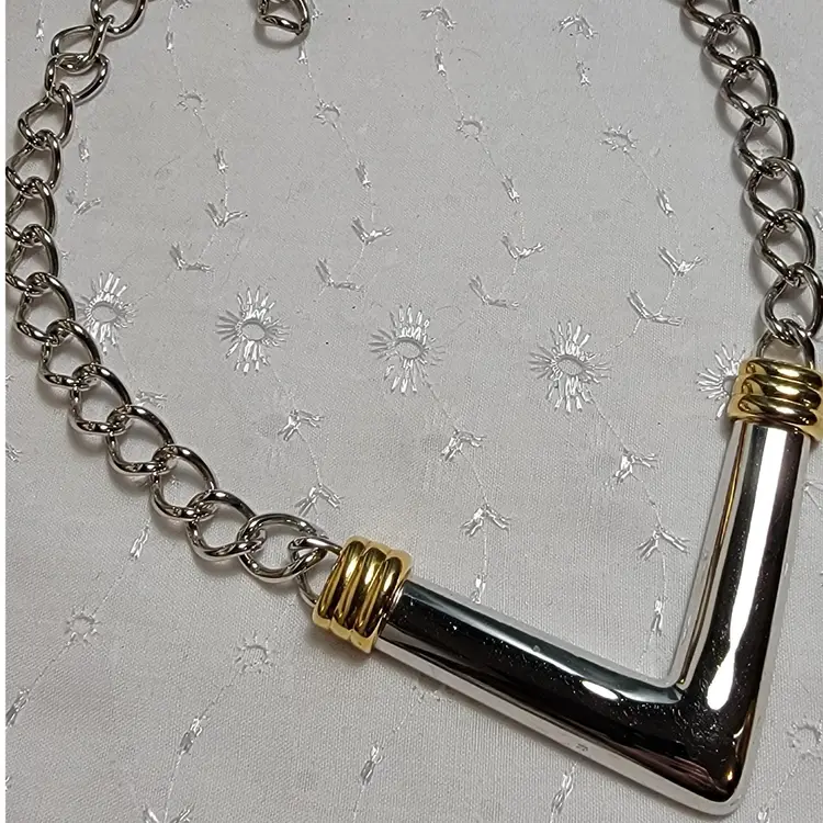 #01 Monet Bold V-Shaped Silver and Goldtone Chain Necklace