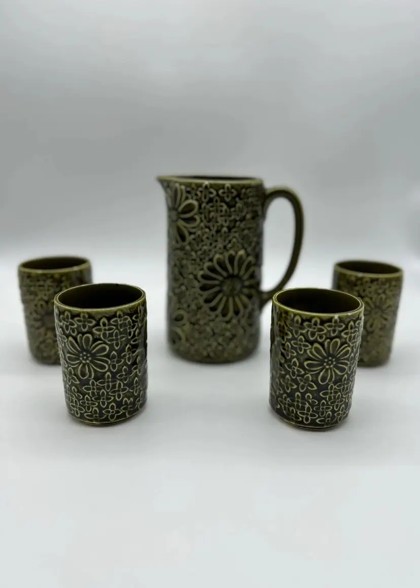 Vintage Olive Green Textured Flower Ceramic 5 Piece Table Tea Set Marked Japan