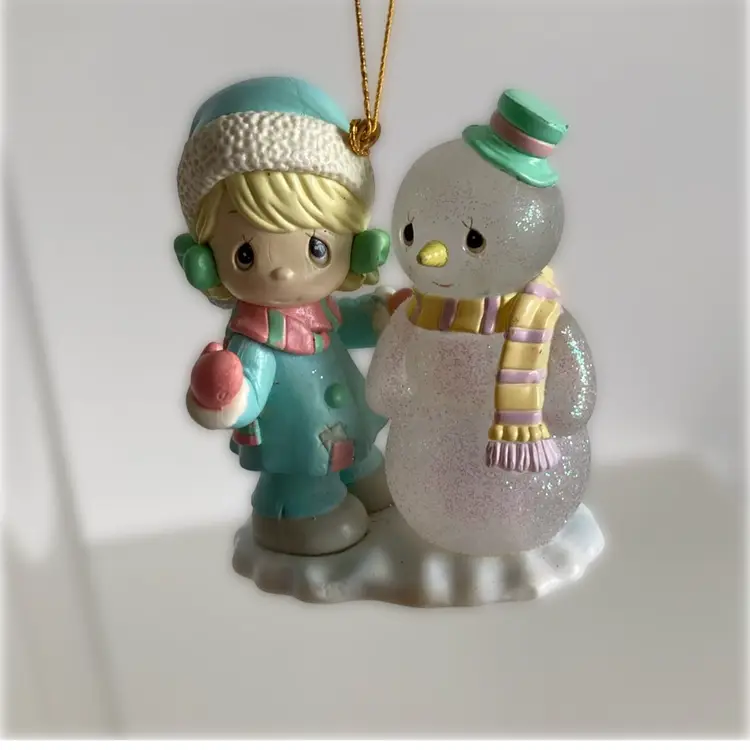 1999 Precious Moments Girl With Snowman Christmas Ornament