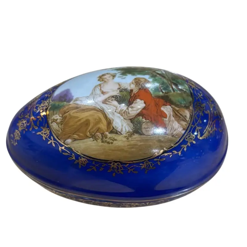 VTG RS Prussia Repro Courting Couple Victorian Porcelain Easter Egg Trinket Jar