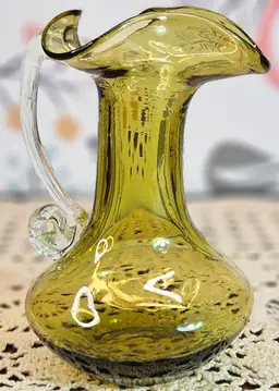 Hand Blown Yellow Art Glass Ruffled Top Mini Pitcher w/ Clear Handle 4.5"