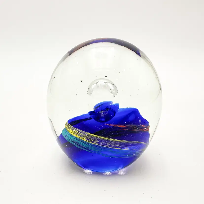 Art Glass Paperweight Blue Swirl Unsigned China 3" x 3"