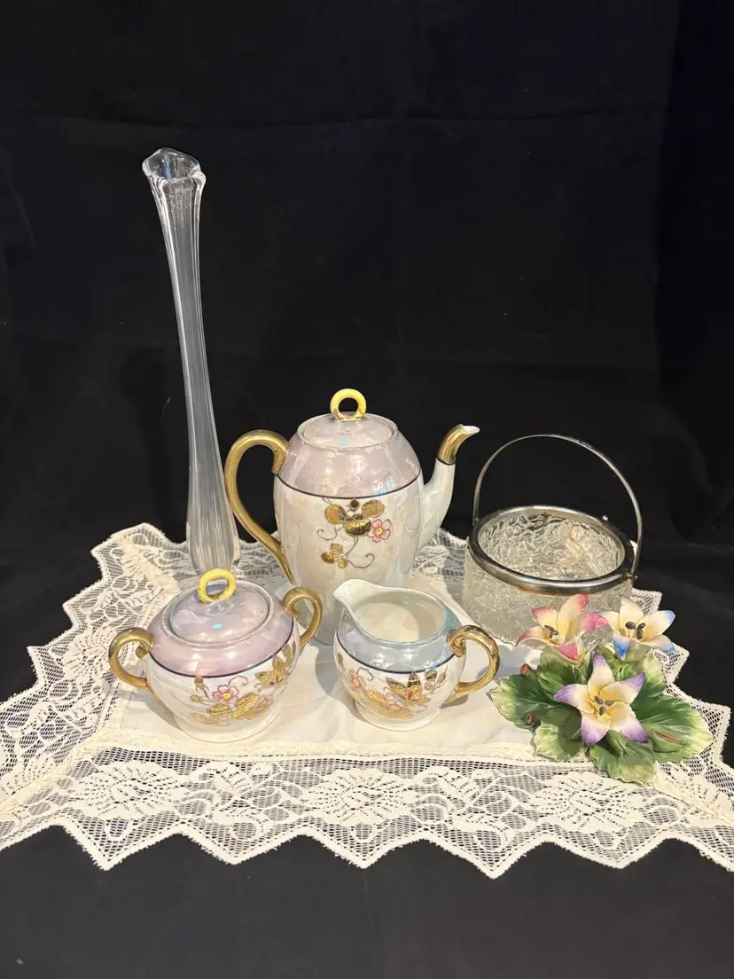 Tea Party Vignette Tea set Made Japan, clear swung vase, Capodimonte (as is) Crystal handled dish, doily