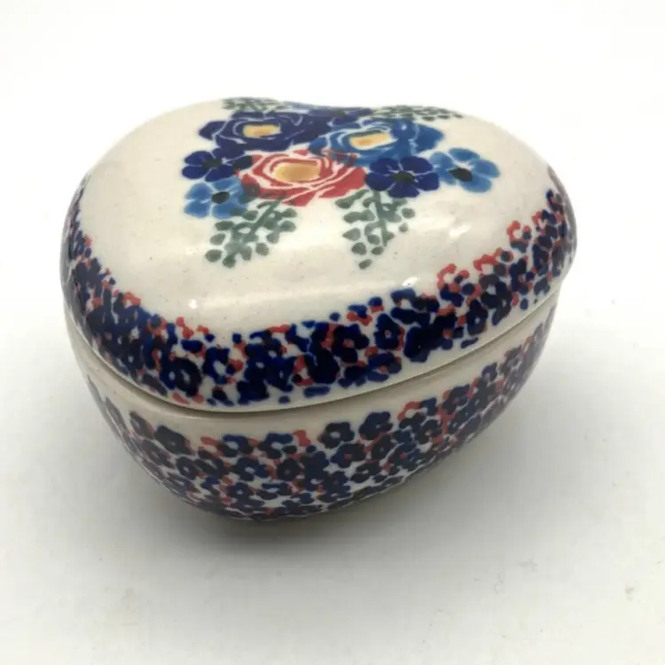 10 - Polish Pottery Heart Shaped Ceramic Trinket Box
