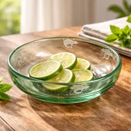 Handblown Glass Serving Bowl With Hand Etched Bear Motif, 9.5" Diameter