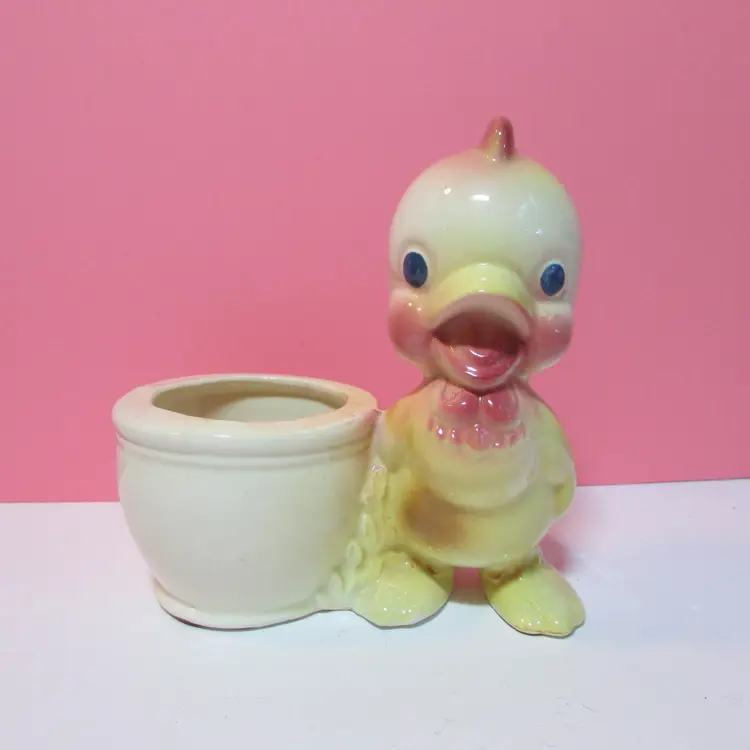 vintage yellow rooster chick duck planter holder farm kitchen country decor