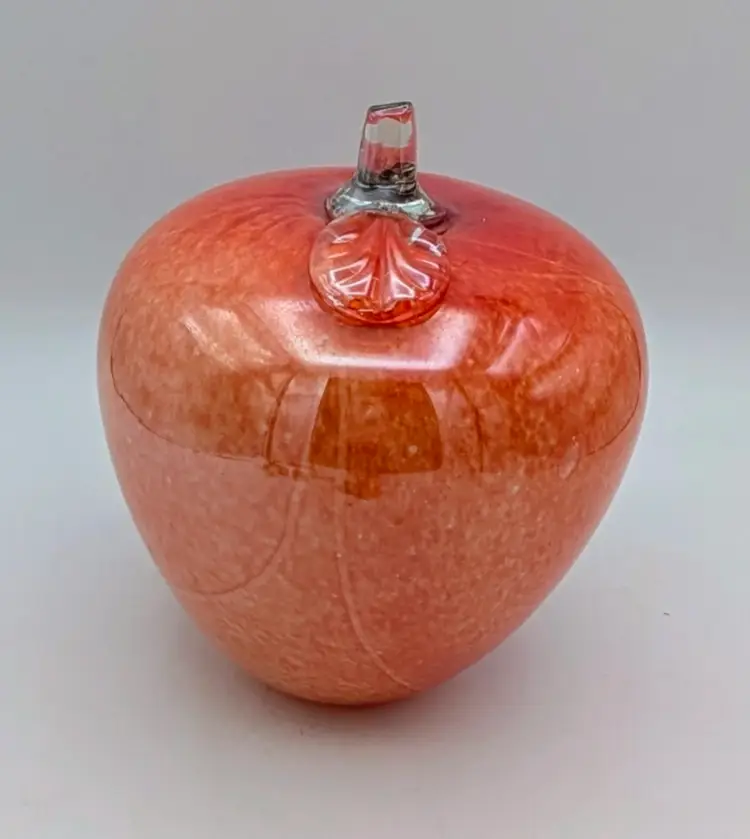 Large Red/ Orange Hand Blown Art Glass Apple with Clear Leaf.