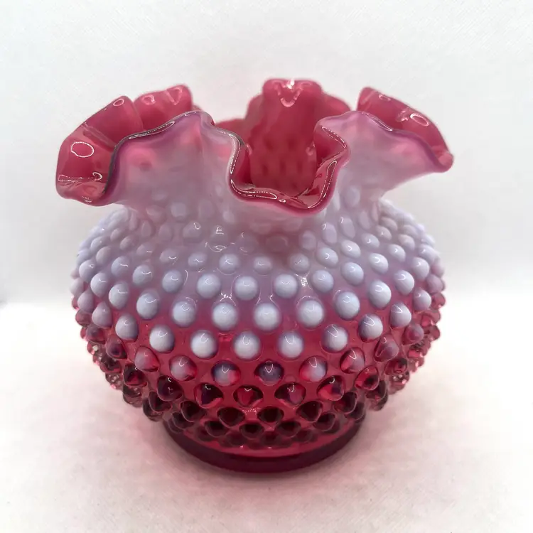 Vintage Fenton Cranberry Opalescent Hobnail Vase Ruffled Crimped Rim