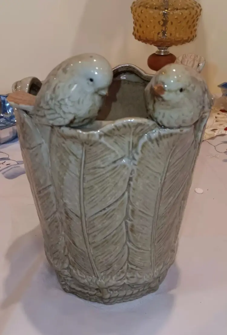 Pottery Planter with Birds and Feathers