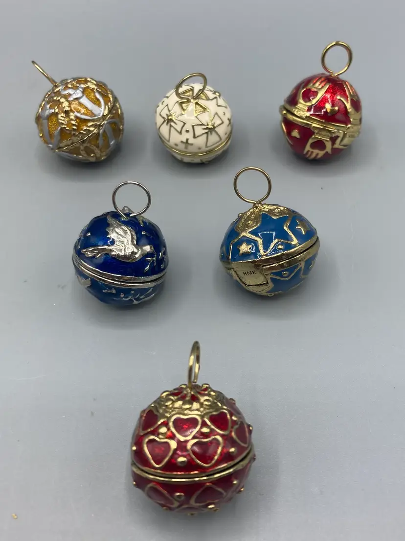 Vintage Miniature Hallmark Keepsake Ornaments - Gifts of the Season Round Metal Ball Ornaments with Charms