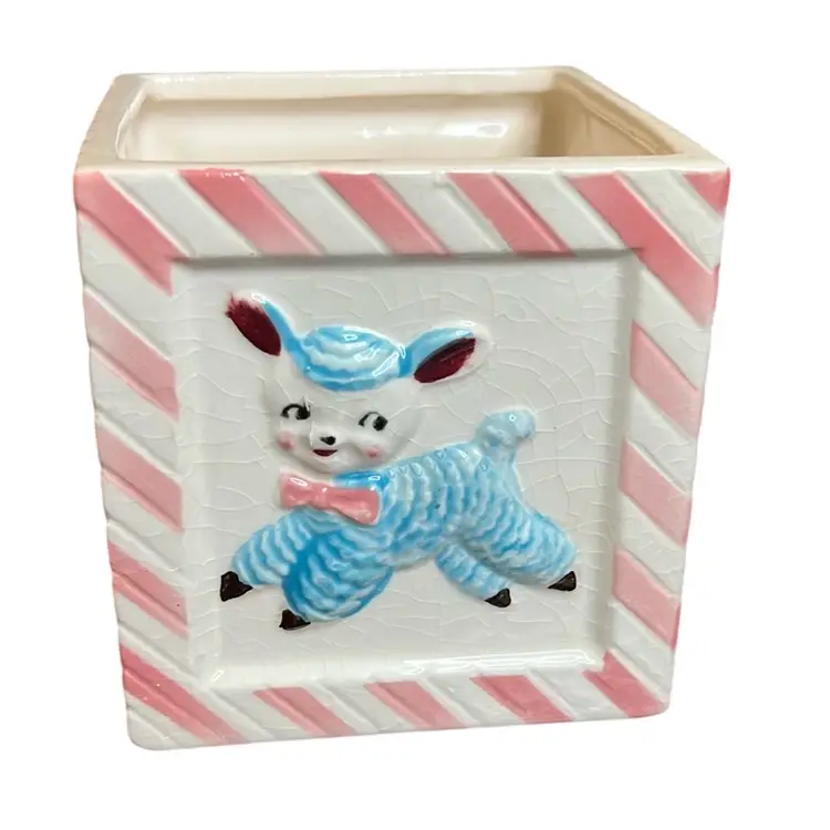 Vintage Kitschy Baby Pink And White Striped Planter
