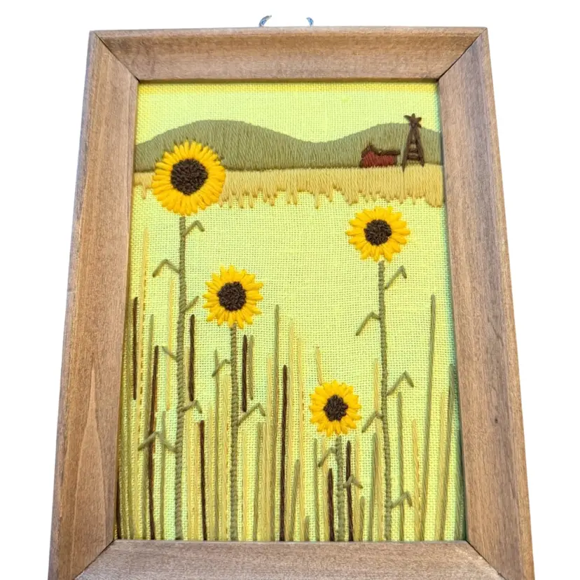 1970’s Crewel Sunflower Farmland 6x8 Framed