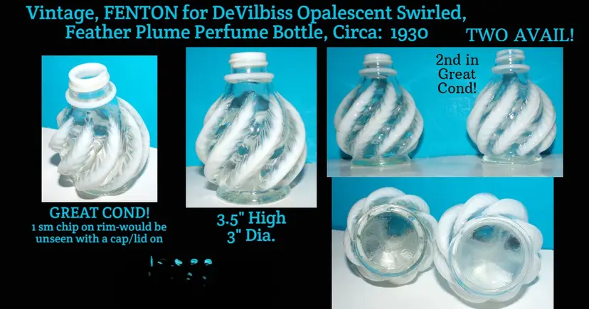 Vintage Fenton for DeVilbis, French Opalescent Swirled Feather Plume Perfume Bottle, 2 Avail.