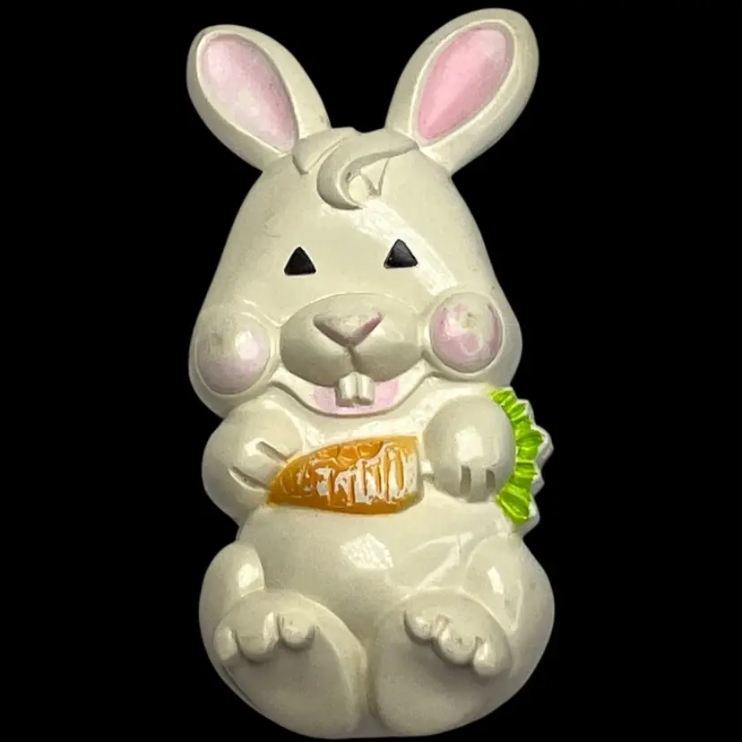 Avon Bunny 🐰 Rabbit Plastic Perfume Pin or Pendant. Holding a Carrot 🥕 . Perfect for Easter. Marked Avon 1973.