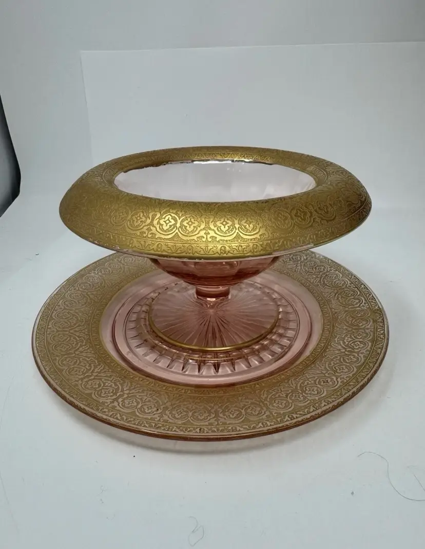 Vtg Cambridge Pink Depression Glass Mayonnaise Set Gold Etching Compote & Plate