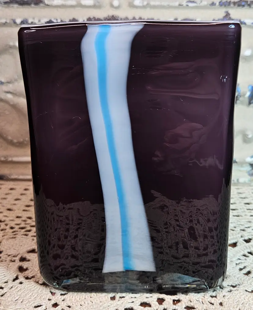 Retro Encased Handblown Art Glass Vase Purple Blue White Stripes Square 5.25"