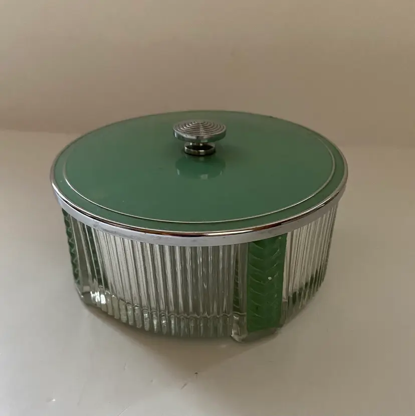 Vintage Glass Dresser Powder Jar/Trinket Dish With Green Enameled Cover. 4β X 1.75β