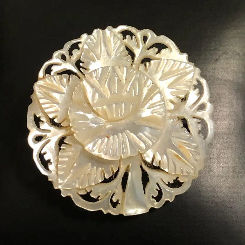 Vintage Carved Mother of Pearl Round Detailed Floral Brooch Pin