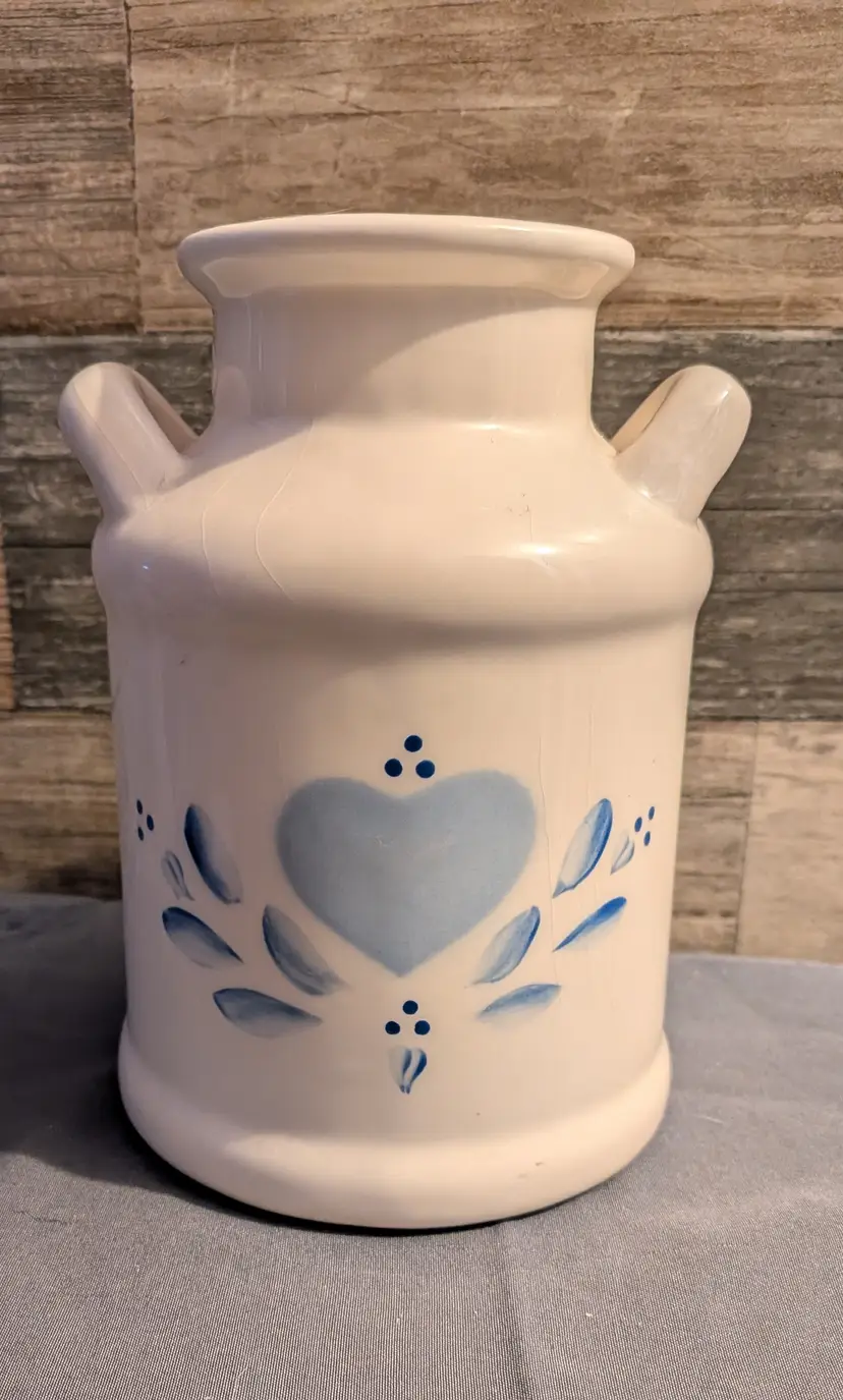 Lasting Products Ceramic Milk Can Crock Blue Heart Vintage