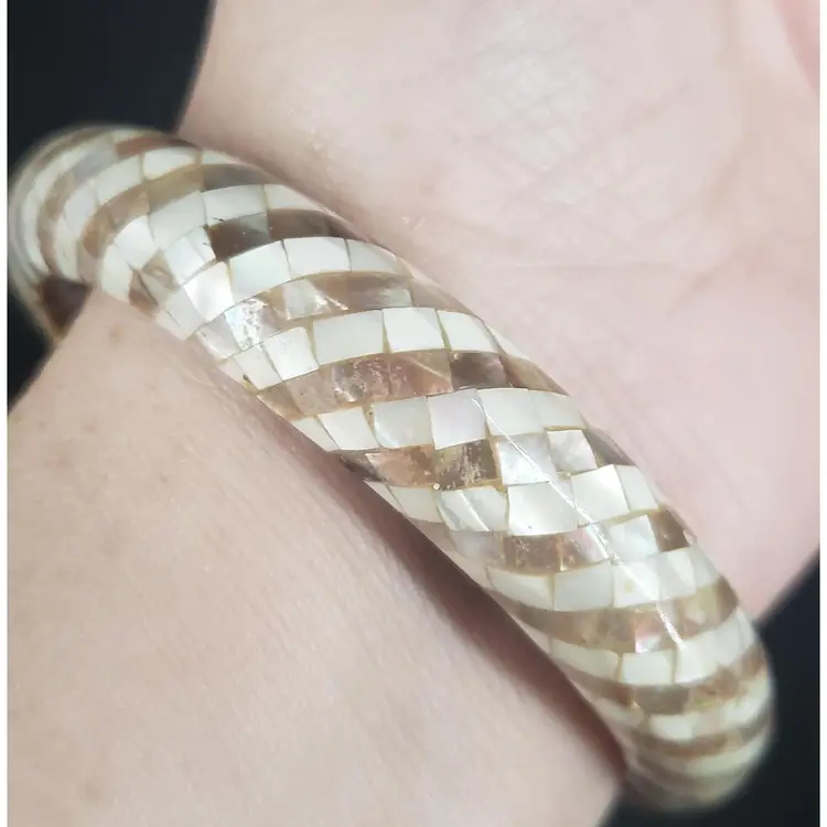 Vintage Mother Of Pearl White Mosaic Inlaid Bangle Bracelet