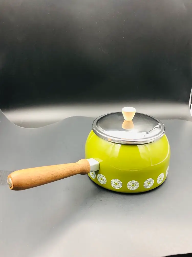 Vintage Fondue Pot Retro Avocado Green Enamel 1960s
