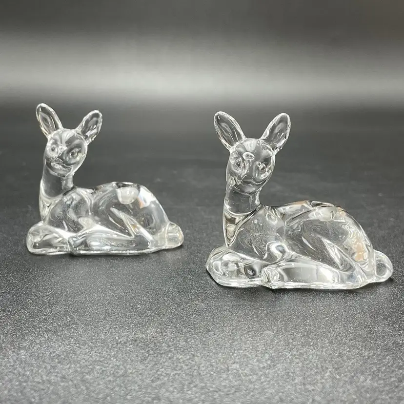 Miniature Clear Glass Deer Fawn Doe Candle Holders Christmas Vintage Set of 2