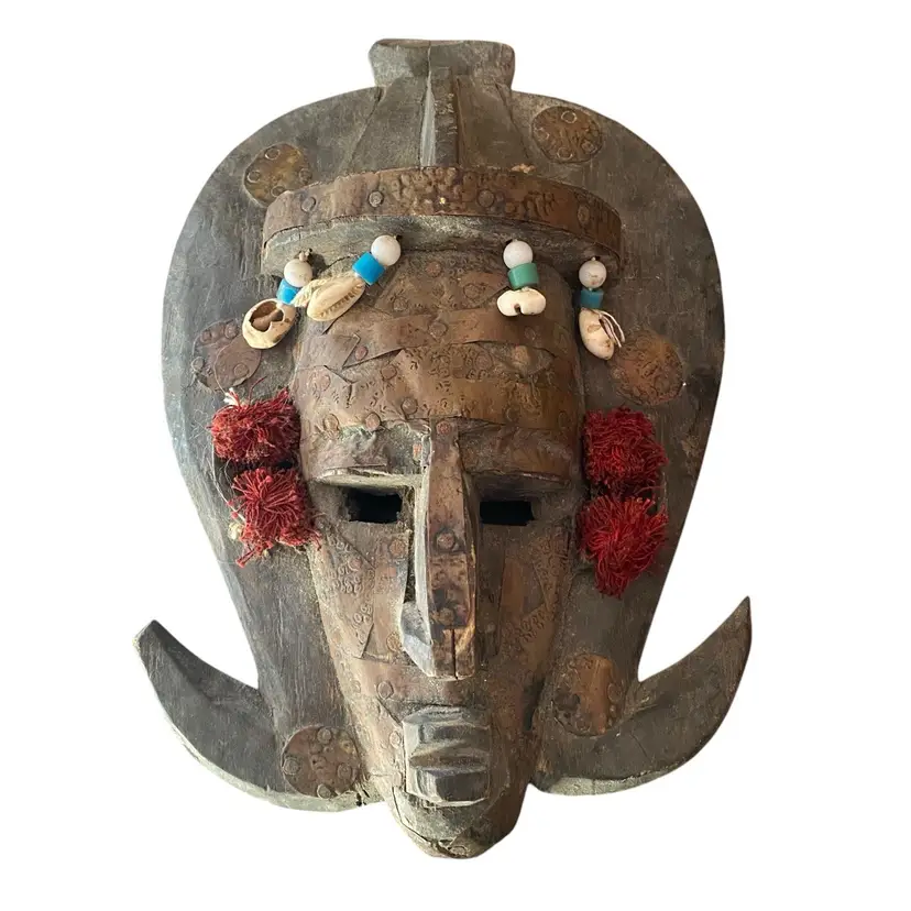 Old African Mali Tribal Mask Ivory CoastWood, Brass, Shell