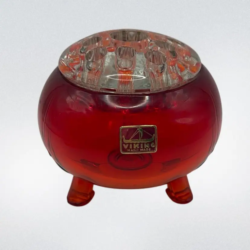 Vintage Ruby Red Viking Flavorite Bowl With Flower Frog, 4” Diameter