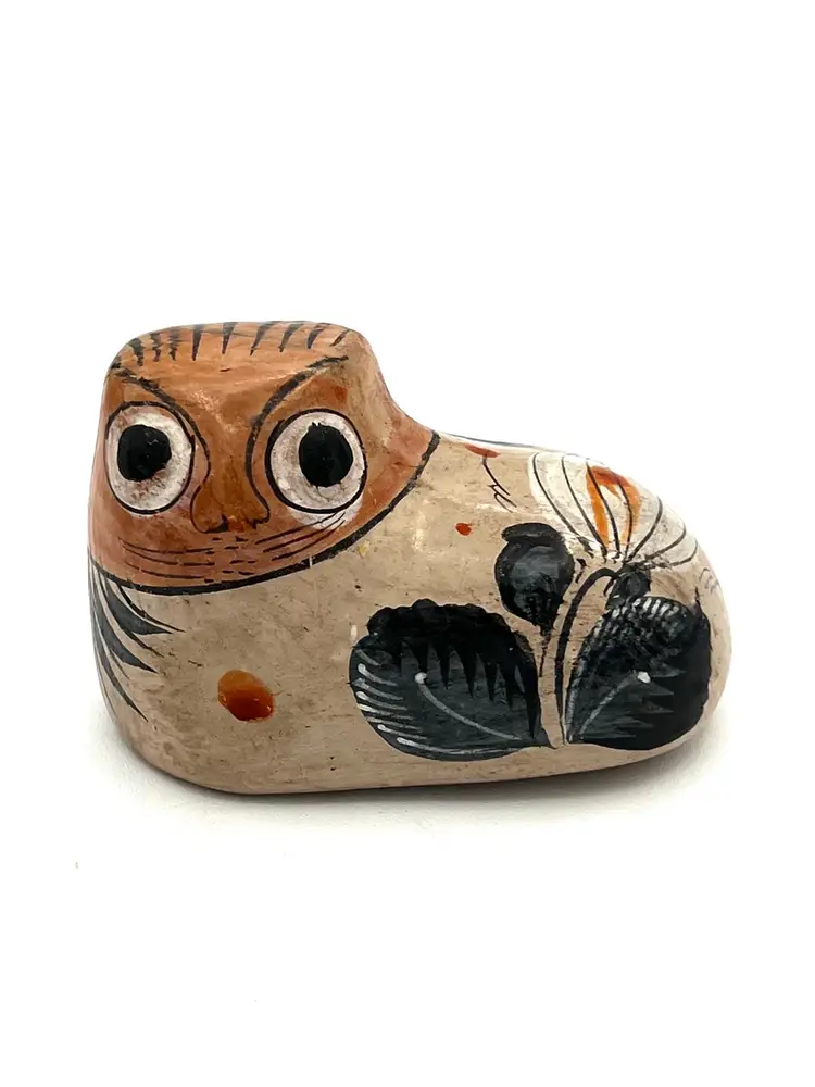 Vintage Tonala Mexican Pottery Cat Figurine Floral Hand Painted