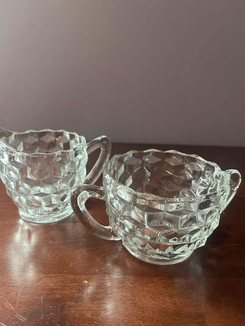 Fostoria Cubist pattern clear glass creamer and sugar bowl set.
Circa 1930s