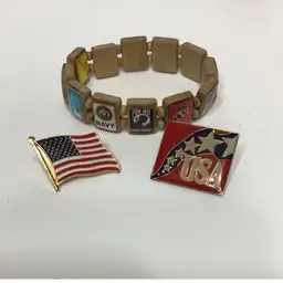 Patriotic Military Jewelry Lot ~ WristStory Wooden Charm Bracelet & 2 American Flag USA Pins