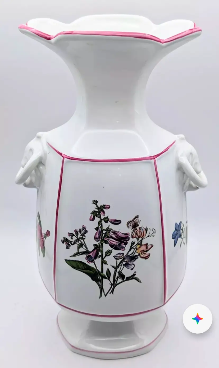 RB Bernarda 10" Vase, White with Florals and Pink  Accents, Floral Designs, Made In Portugal