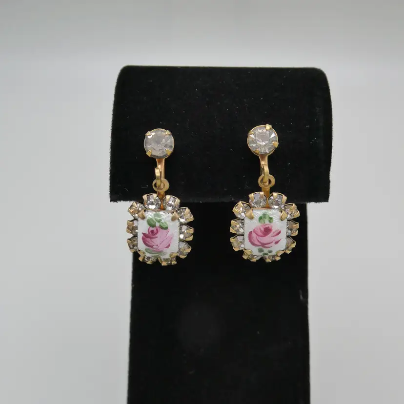 Vintage Rhinestone Pink Rose Guilloche Enamel Screw Back Earrings Gold Tone Dangle 1"