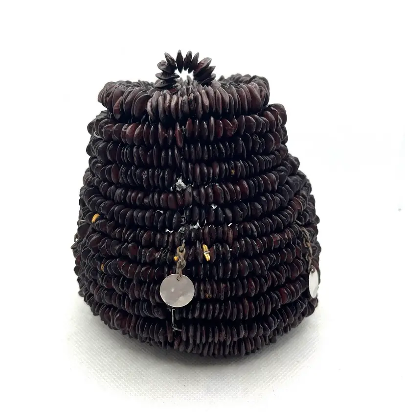 Vintage Handmade Small Lidded Seed Basket Brown Embellished