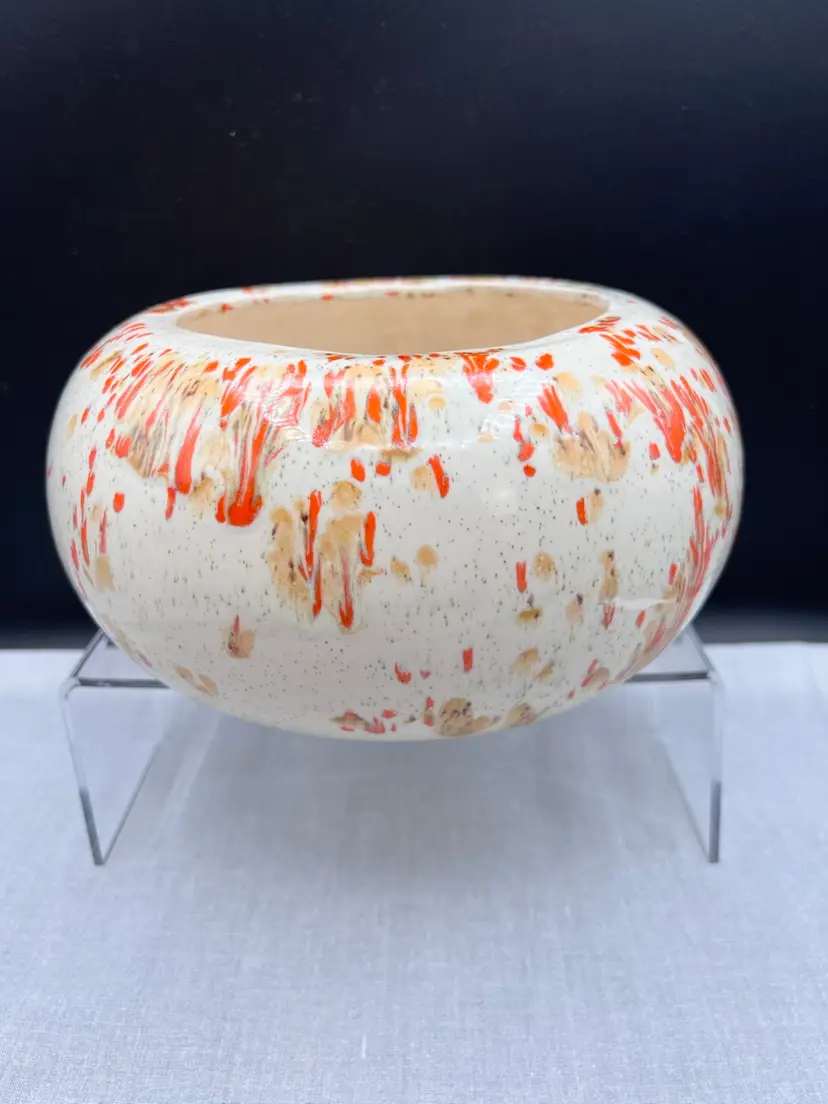 Vintage Hobbyist Painted Ceramic Bowl/Planter with Orange Splatter Pattern 1977