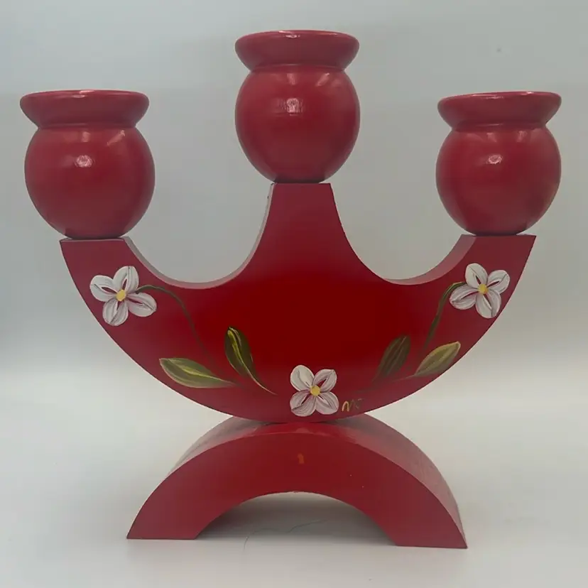 Hand Painted Wood Candelabra from Sweden 6.75” Tall x 7.25” Wide x 2”