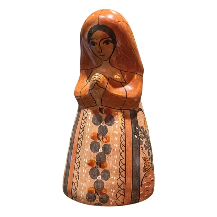 Stunning Vintage Handpainted Praying Virgin Mary Tonala Figurine - Flowers Birds Botanical - Made In Mexico 9.5” Tall