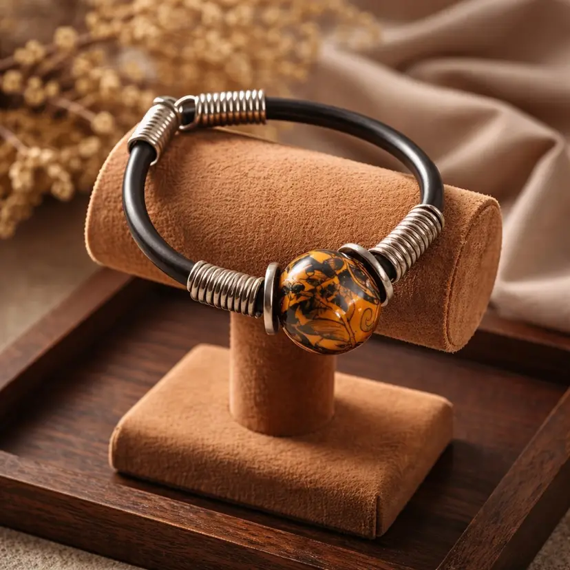Bracelet with Leather & Metal Accents & Decorative Bead
