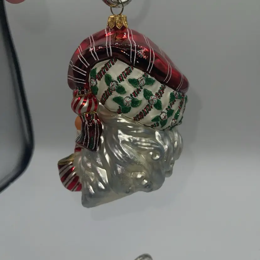 Andrea Mistretta Glass Ornament Santa w/ Pipe Glitter Flocking 6"