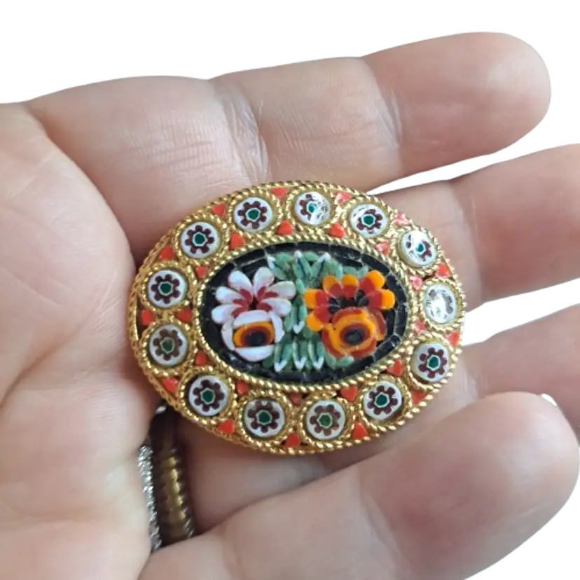 Larger Vintage Detailed Mosaic Floral Brooch, Gold Backing
