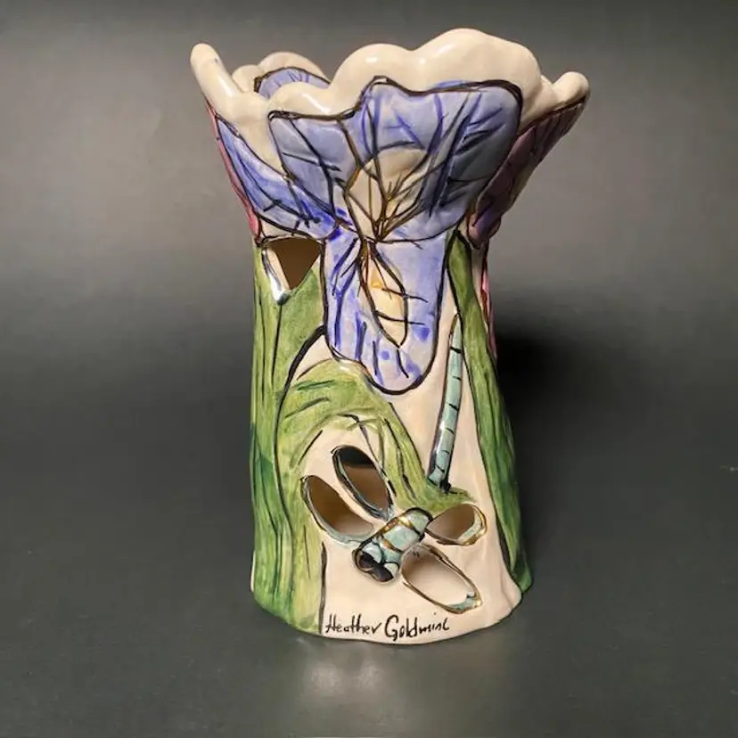 VTG Candle Oil Warmer Blue Sky Corp 2001 Orchids & Dragonfly by Heather Goldmine