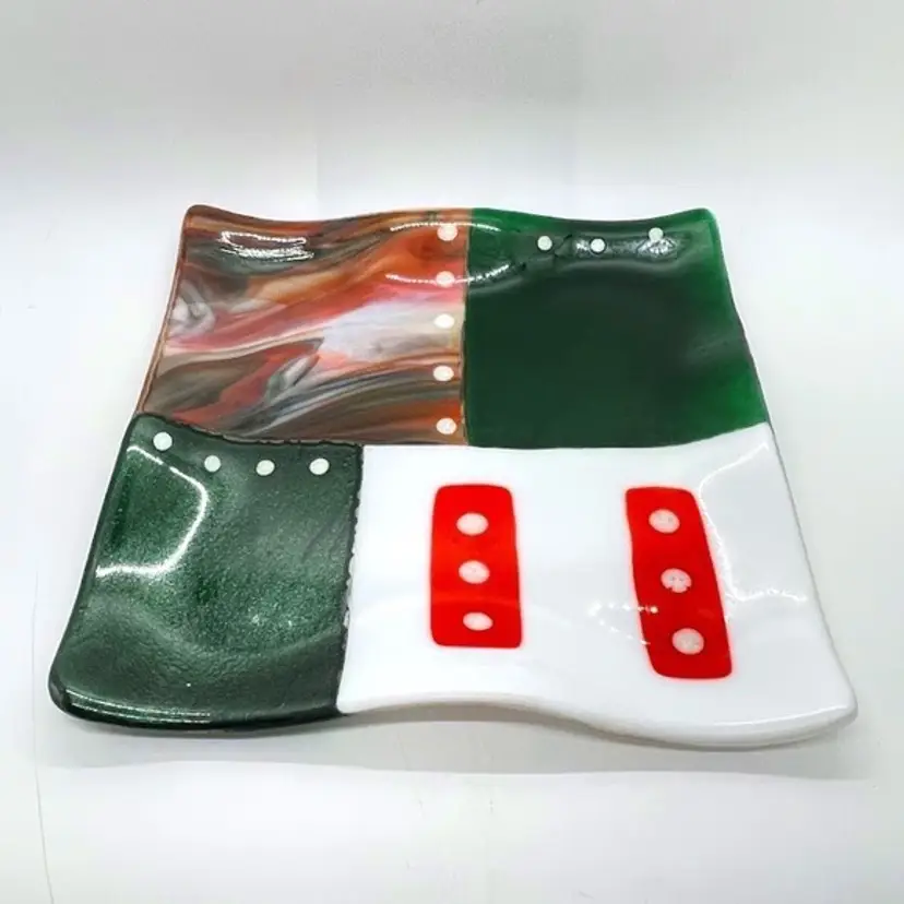 Fused Art Glass 8.5” Square Plate Tray Dish Retro Abstract Geometric Christmas