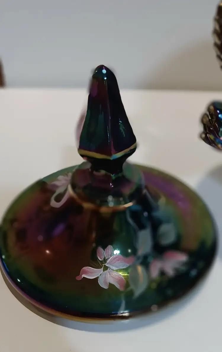 Vintage Signed Fenton Black Iridescent Carnival Glass Candy Dish With Lid