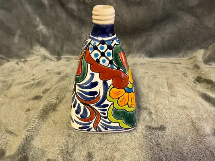 Vintage Handmade In Mexico Hand Painted Talavera Vase Bottle Jar Folk Art EUC