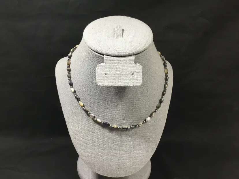 Necklace, 16" abalone rice grain beads, iridescent, multicolor vintage barrel clasp