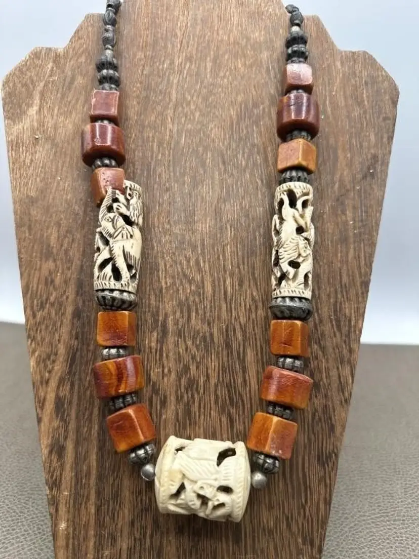 Hand Carved Bones & Copal Amber Colored Beads