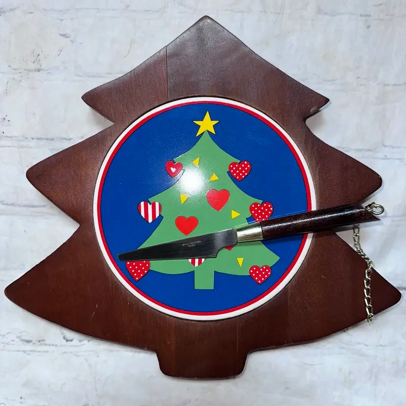 Vintage Wooden/Tile Cheese Board W/Knife Christmas Tree Shape Design Taiwan