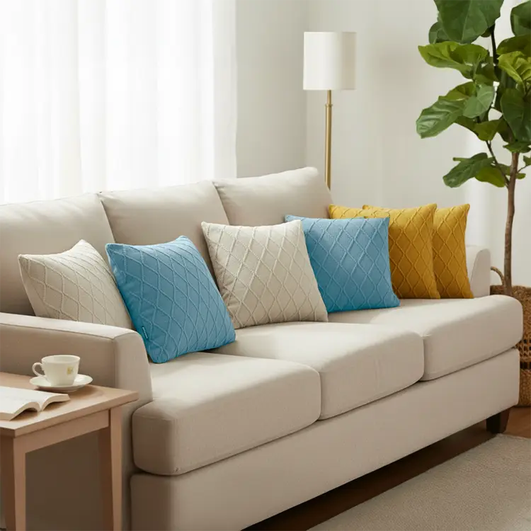 SOGA 6PC Sunshine Yellow, Sky Blue & Cream Cable Knit Diamond Pillow Covers 45cm