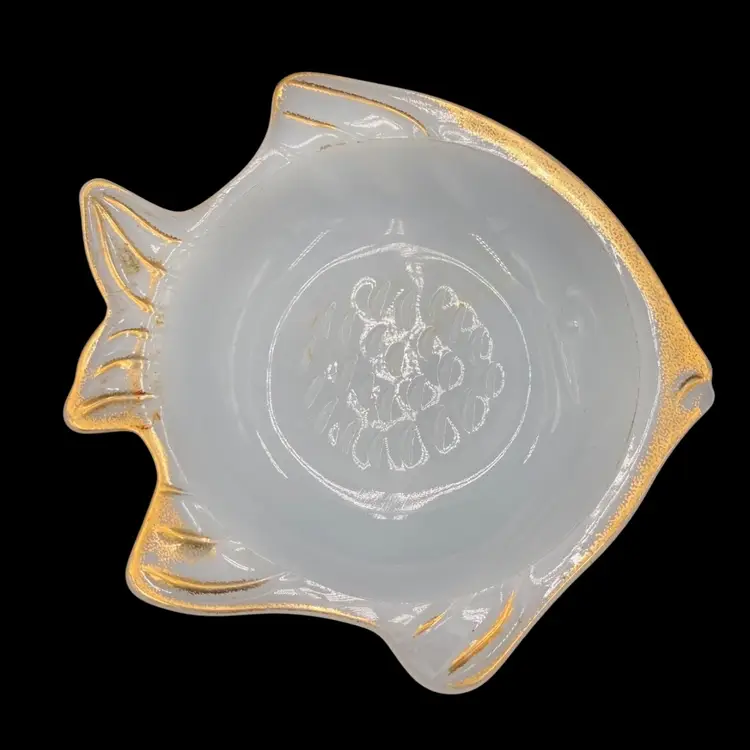 Vintage Milk Glass Fish Trinket Dish with textured Eyes & Scales, Gold Detail